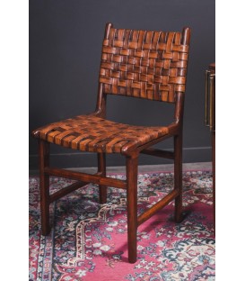 Chaise bois et cuir tressé 1950