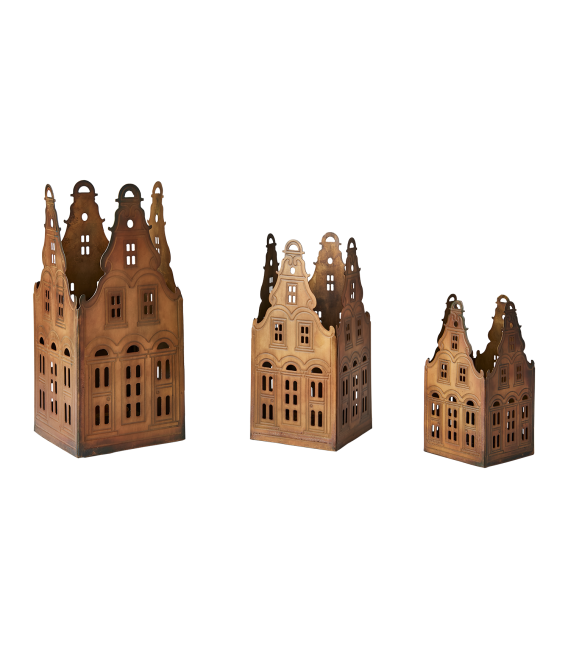 Lot de 3 maisons photophores en metal - Petit village